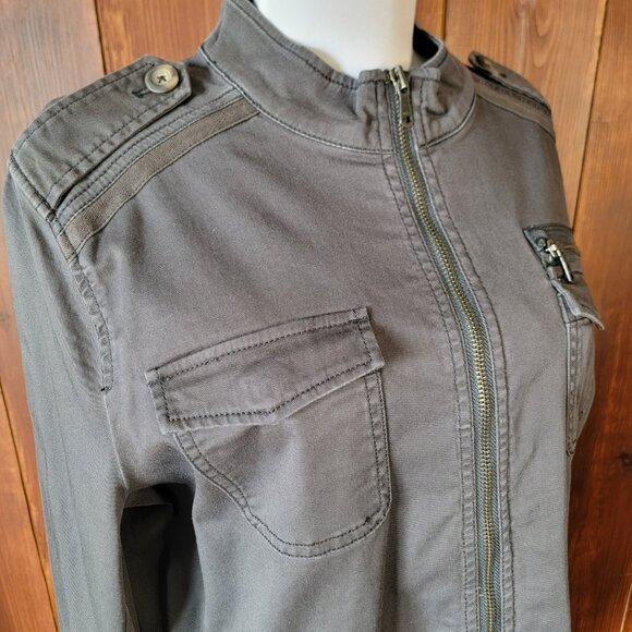 Express Women M Gray Full Zip Military Utility Jacket Cargo Style Waist Cinch - Picture 4 of 10